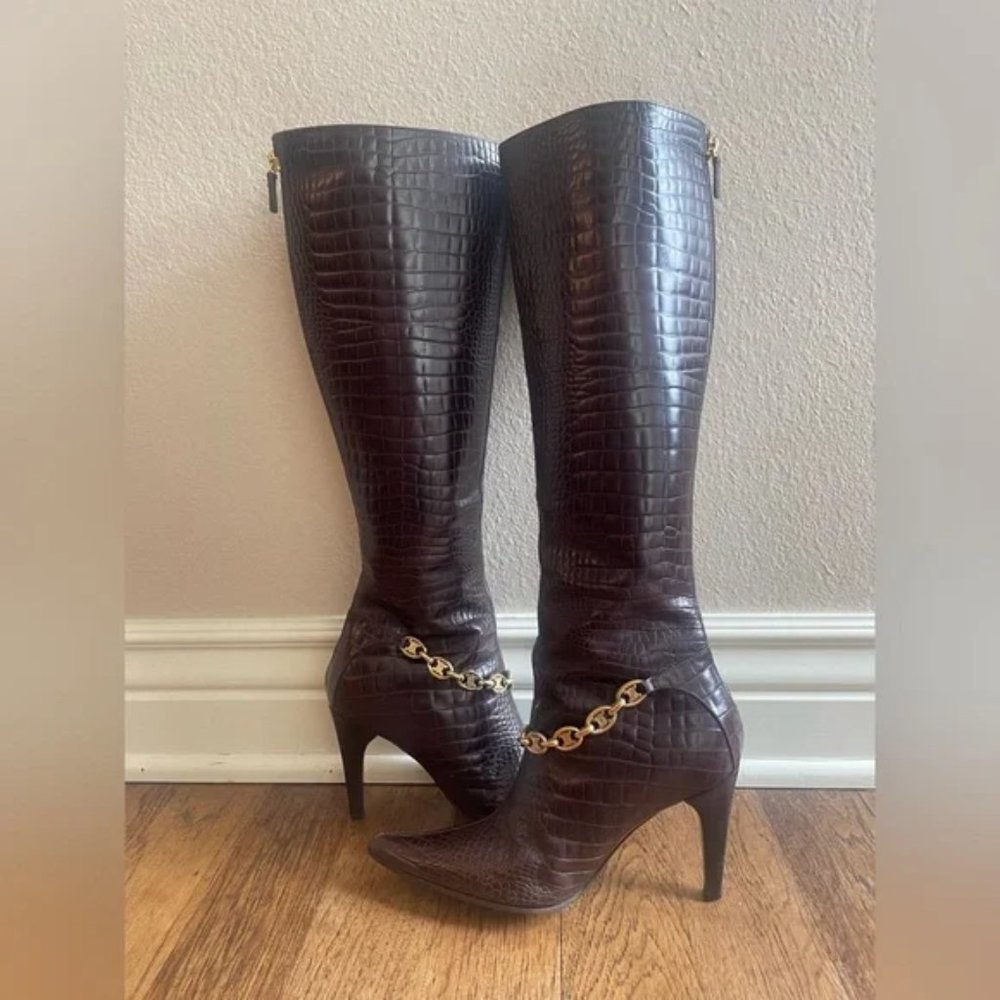Celine Chocolate Brown Crocodile Boots With Chain